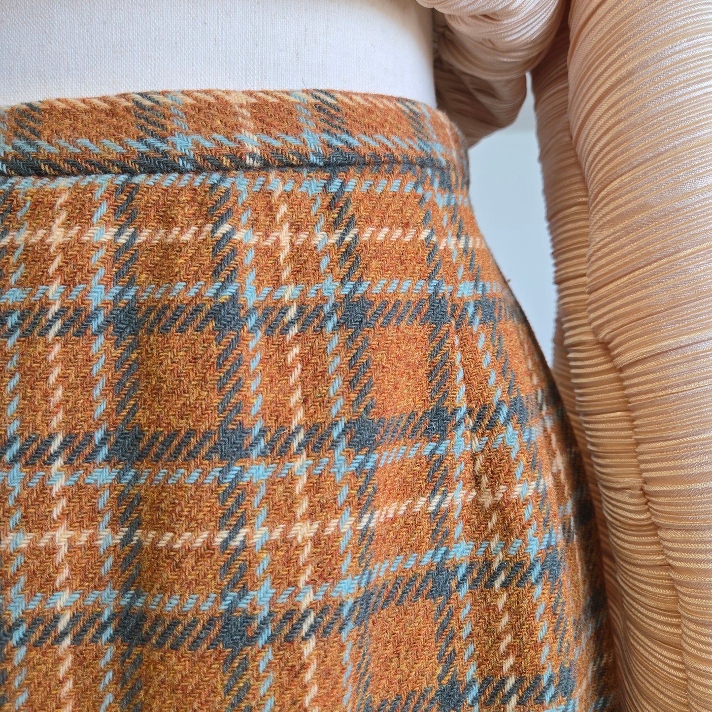 Vintage 1950s Handmade Burnt Orange and Teal Wool Mini Skirt - 27" waist