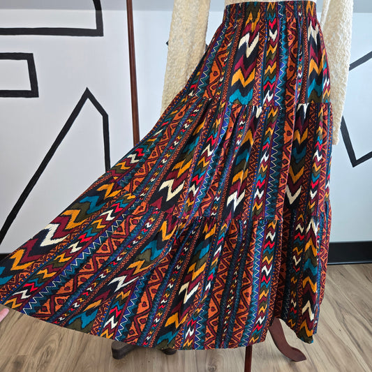 K.W.B.L. Los Angeles Vintage Western Print Cotton Tiered Skirt - medium