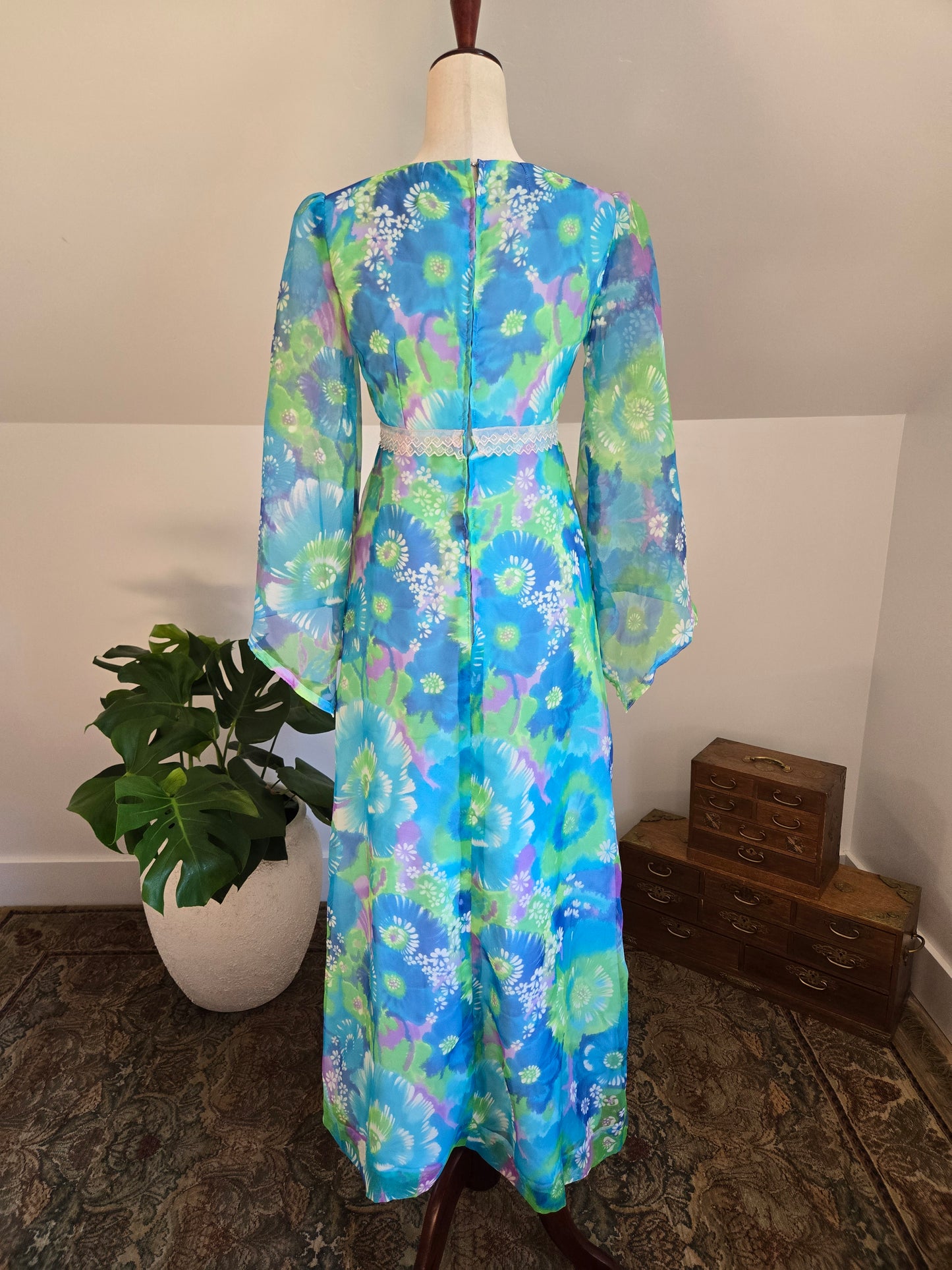 Vintage 70s Blue and Purple Psychedelic Floral Print Maxi Dress -