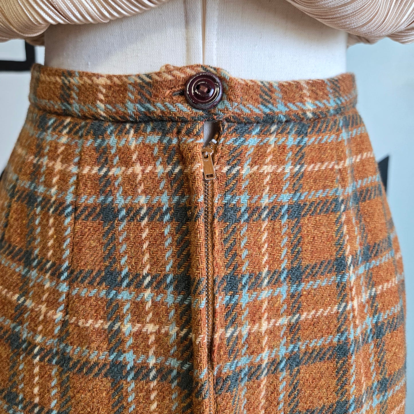 Vintage 1950s Handmade Burnt Orange and Teal Wool Mini Skirt - 27" waist