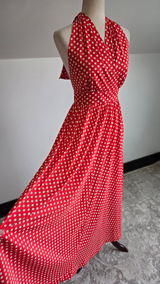 1960s Nylon Red and White Polka Dot Halter Dress - XS