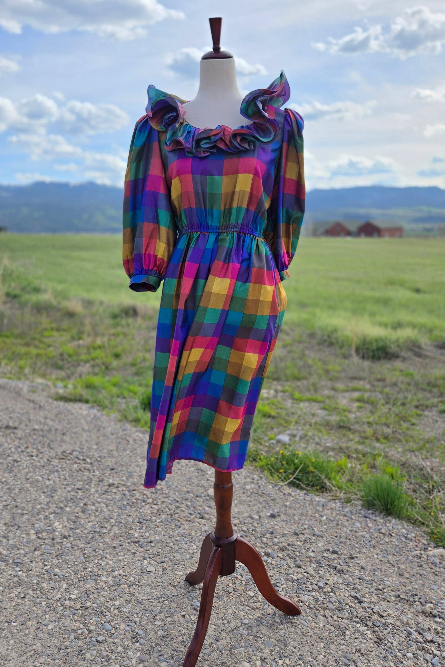 Donna Morgan Vintage 1980s Rainbow Plaid Ruffle Collar Dress - medium