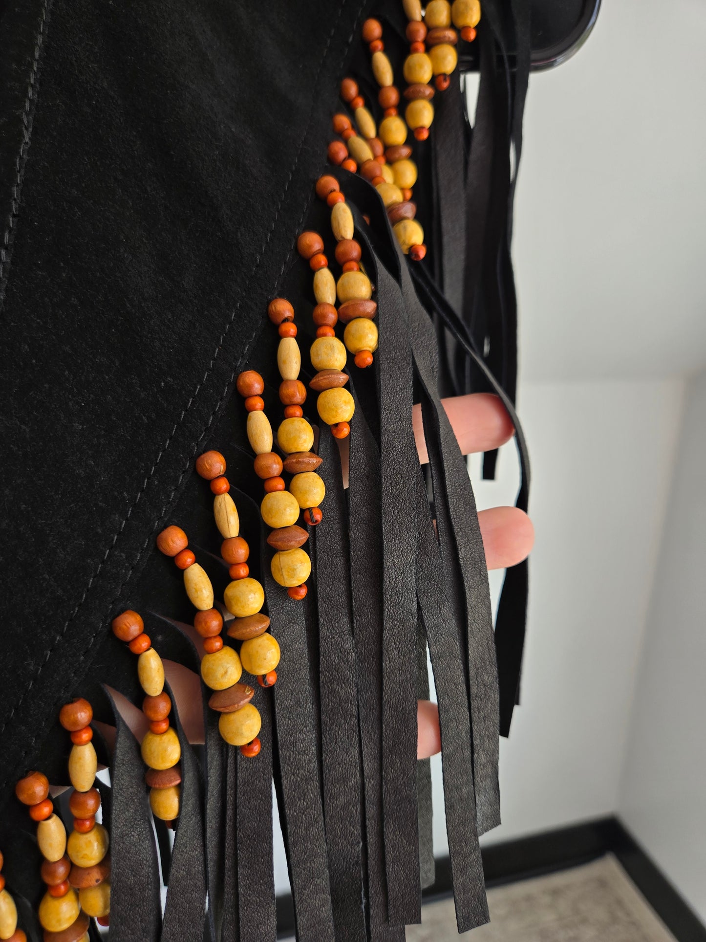 Vintage Braefair Leather Fringe and Wood Bead Shoulder Shawl - OS