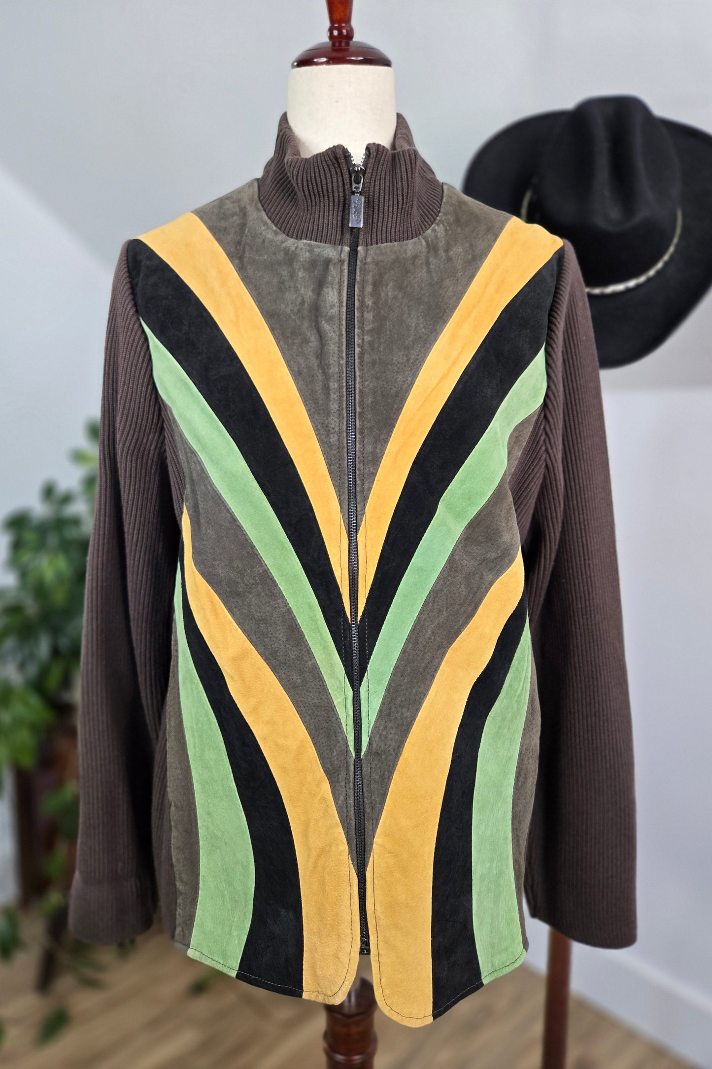 Bob Mackie Vintage Retro Patchwork Brown Leather Jacket - large