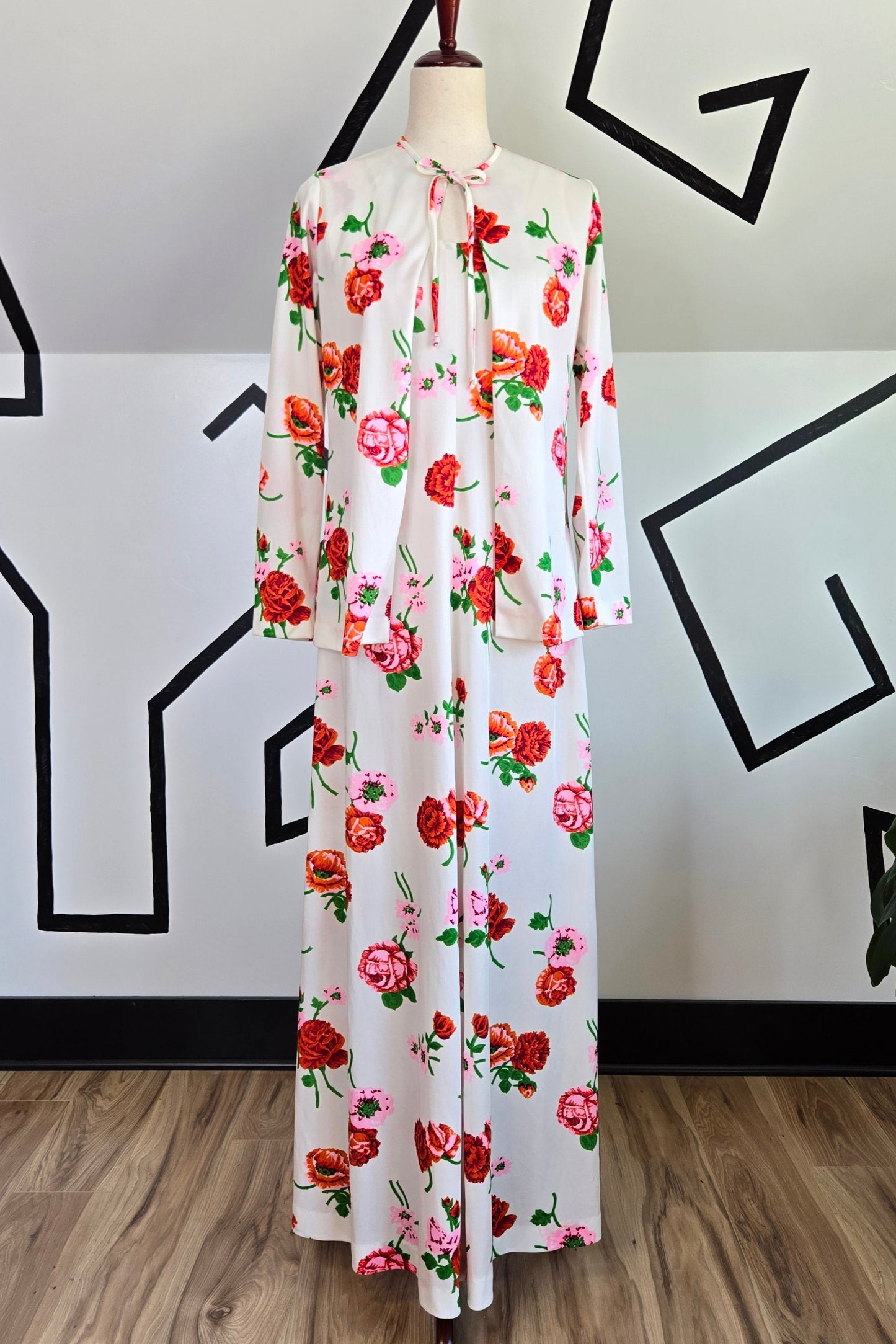 Vintage White with Florals 1970s Maxi Dress and Jacket Matching Set - Small/Medium