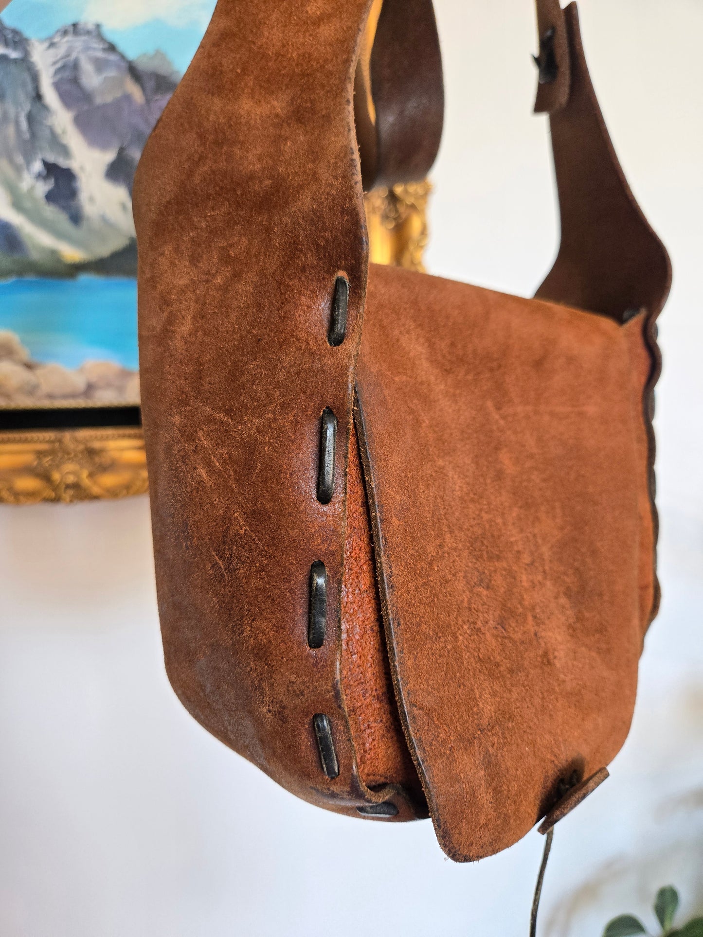Vintage Hand Made Thick Suede Saddle Leather Bag