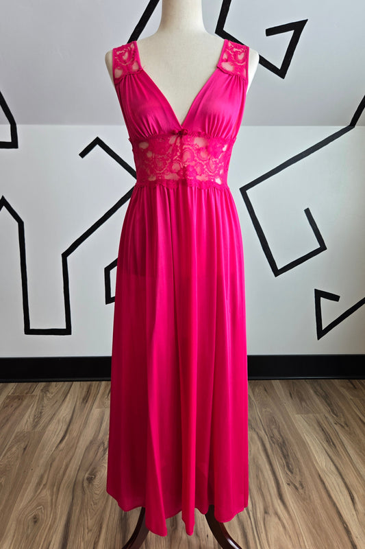 Vintage Fuchsia Pink Peignoir Maxi Dress with Lace Middle - small