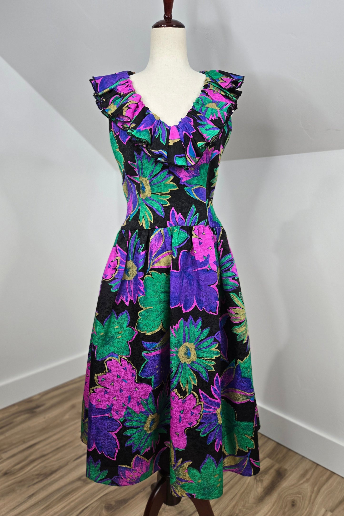 Morton Myles Vintage 1980s Silk Floral Dress - Small
