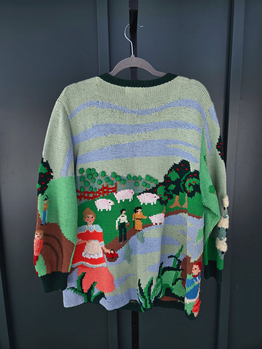 Rare Berek New York Hand Knit by Marta D in 1992 Harvest Scene Cotton Cardigan Made in Uruguay - large