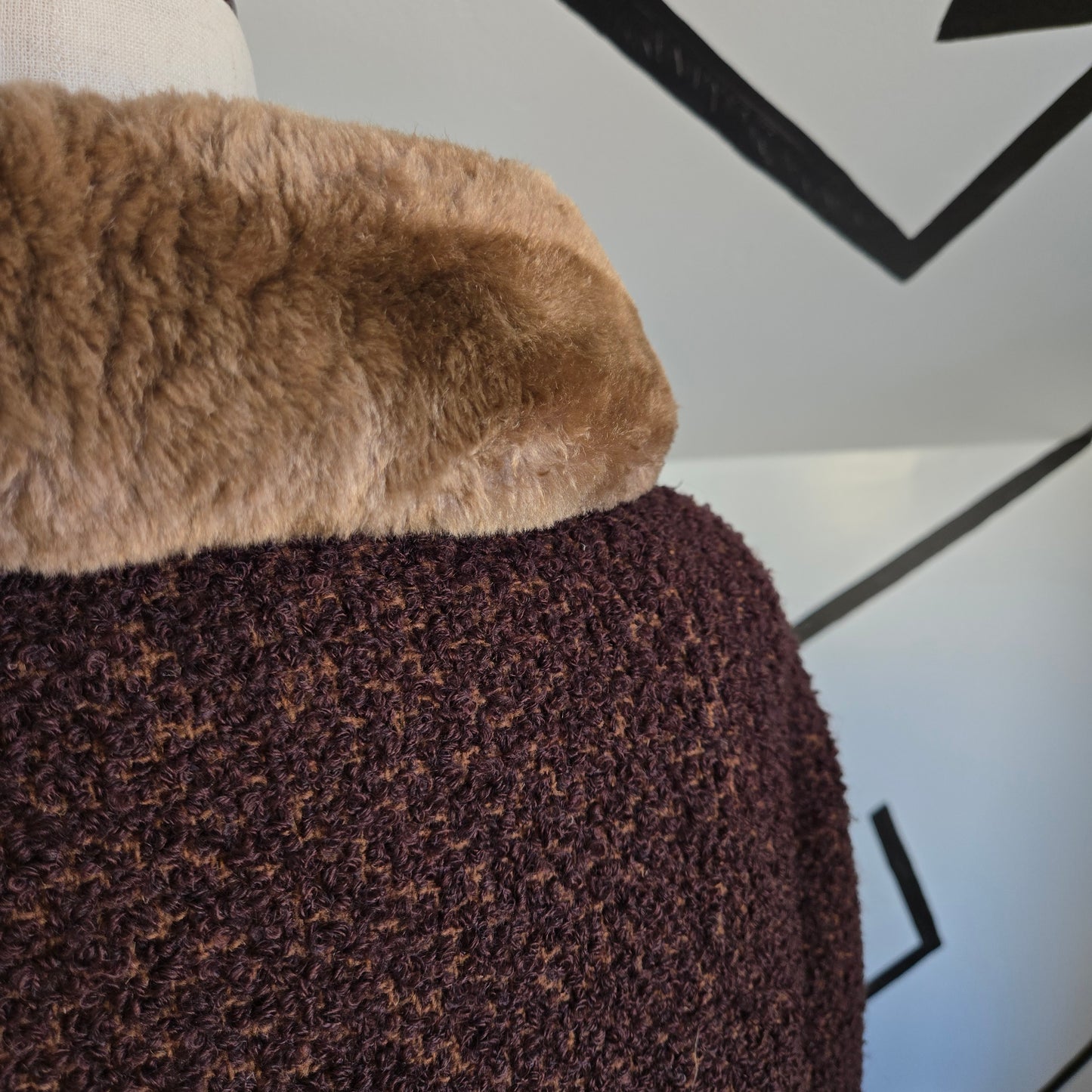 Vintage 1950s Union Made Curly Wool Peacoat with Brown Fur Collar - Large