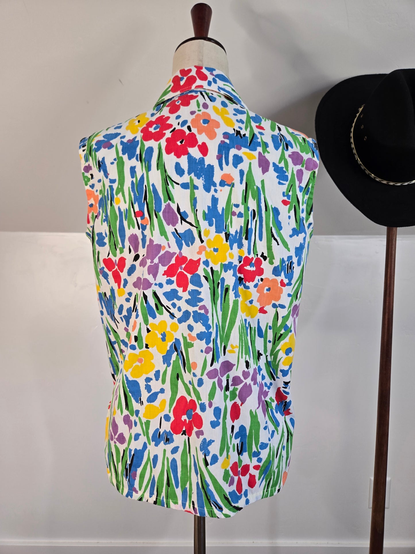 Vintage 80s Cotton Pearl Snap Sleeveless Top - medium