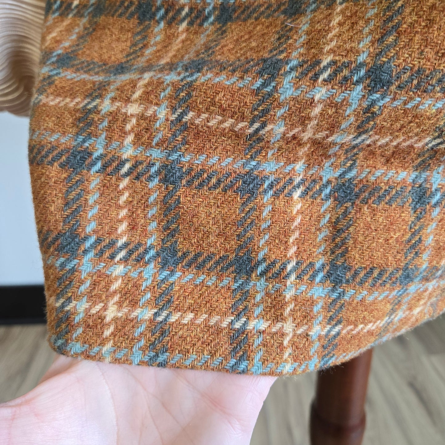 Vintage 1950s Handmade Burnt Orange and Teal Wool Mini Skirt - 27" waist