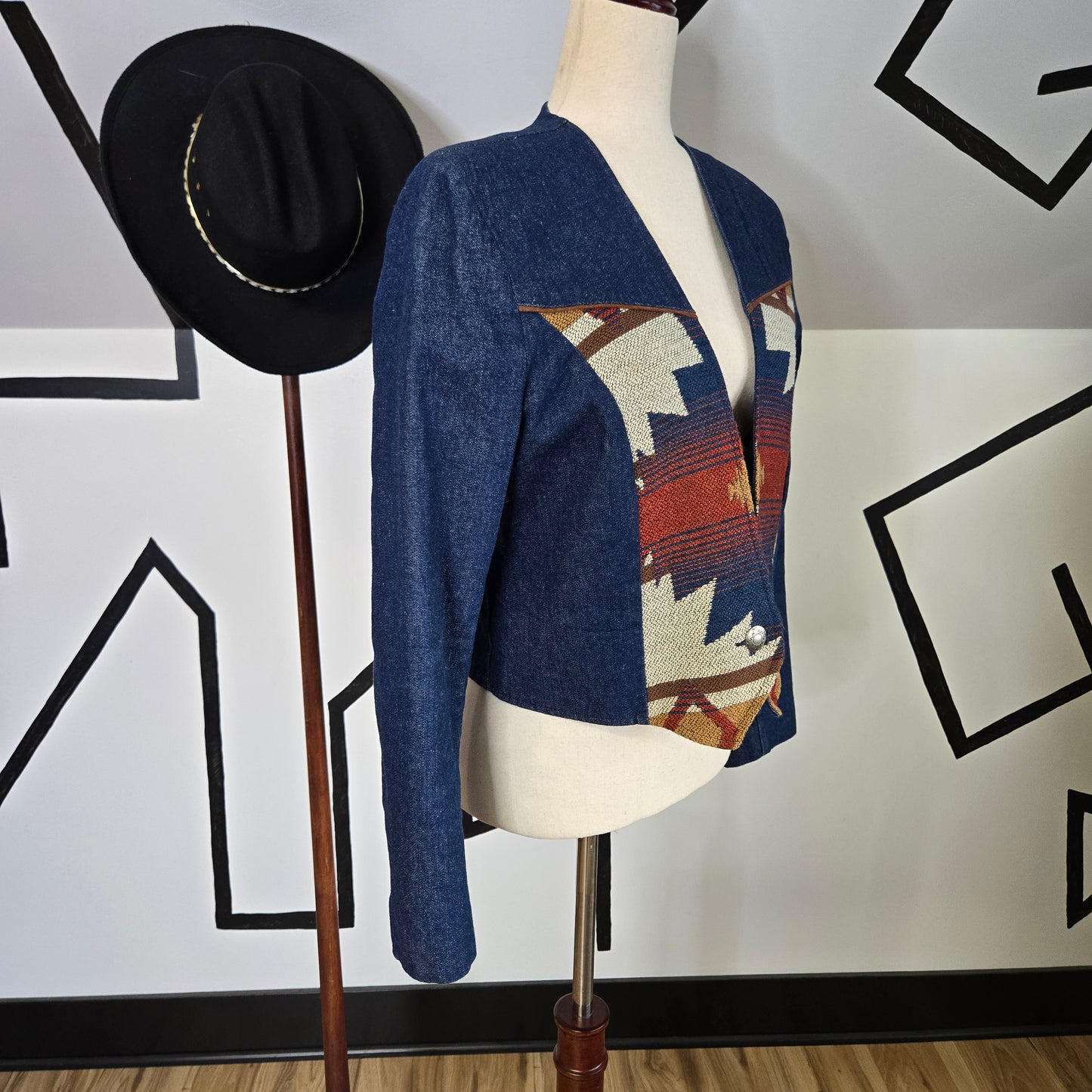 Pioneer Wear Vintage 80s Denim and Tapestry Crop Jacket - Large