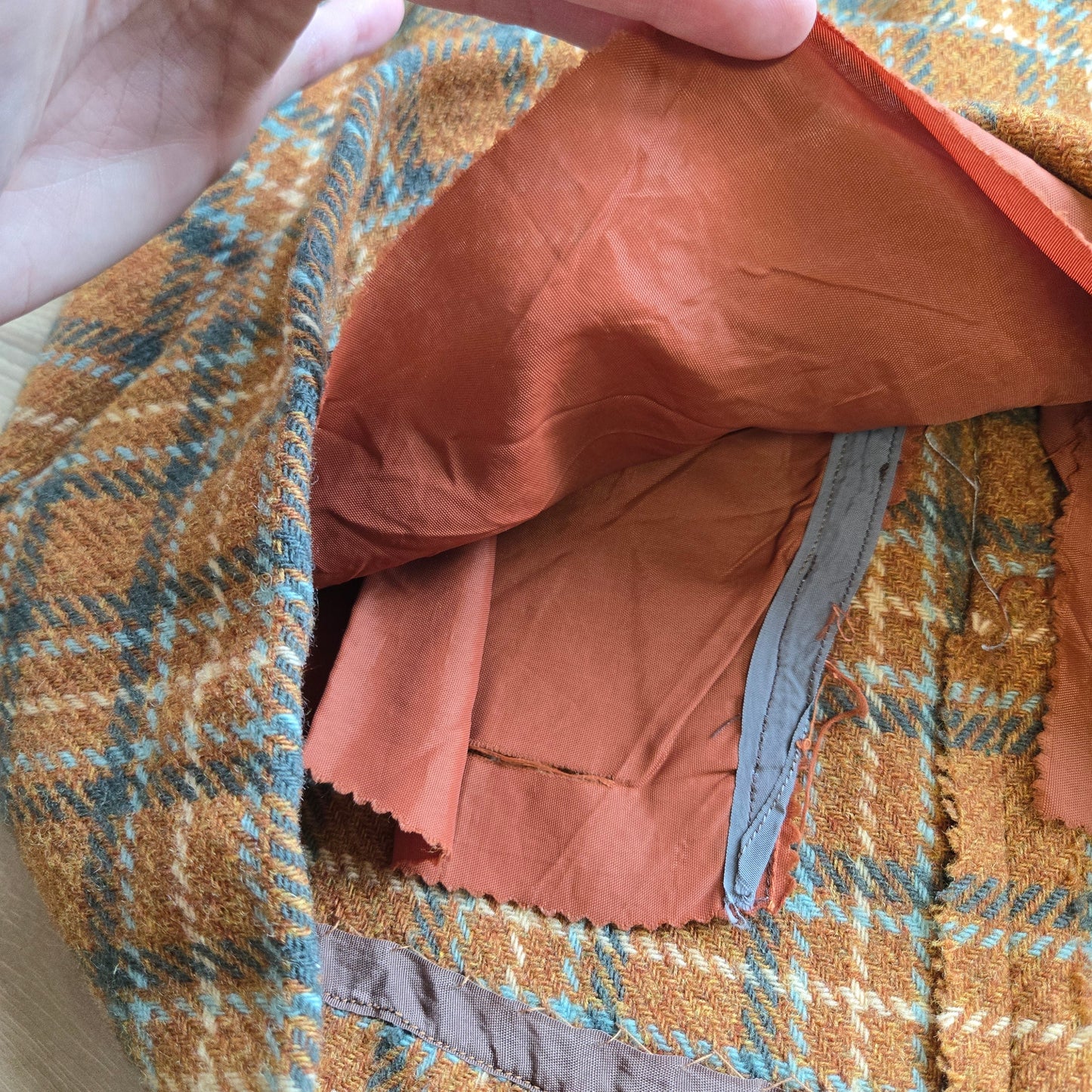 Vintage 1950s Handmade Burnt Orange and Teal Wool Mini Skirt - 27" waist
