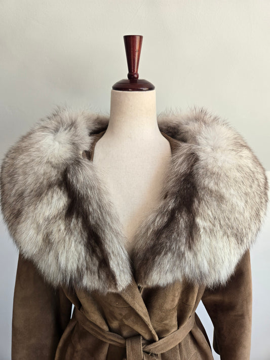 Vintage Suede Leather Coat with Genuine Fur Collar - XL/2XL
