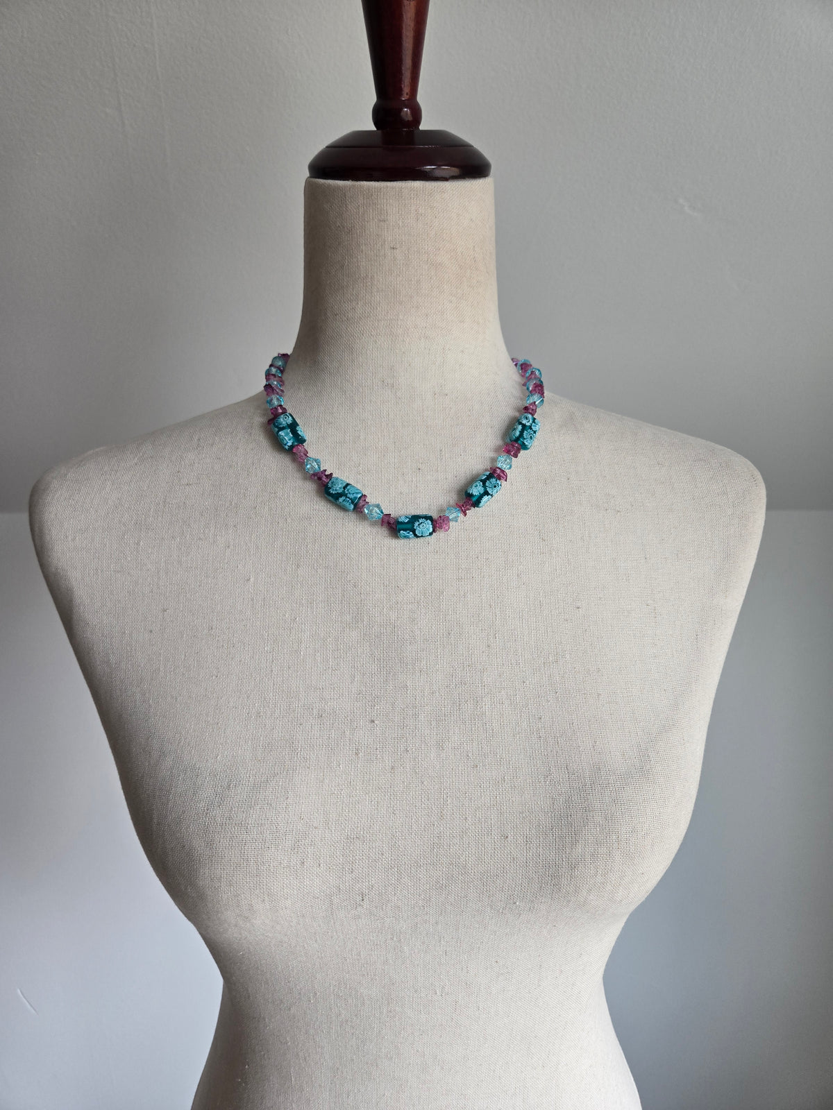 Turquoise and Pink Art Glass Bead Necklace