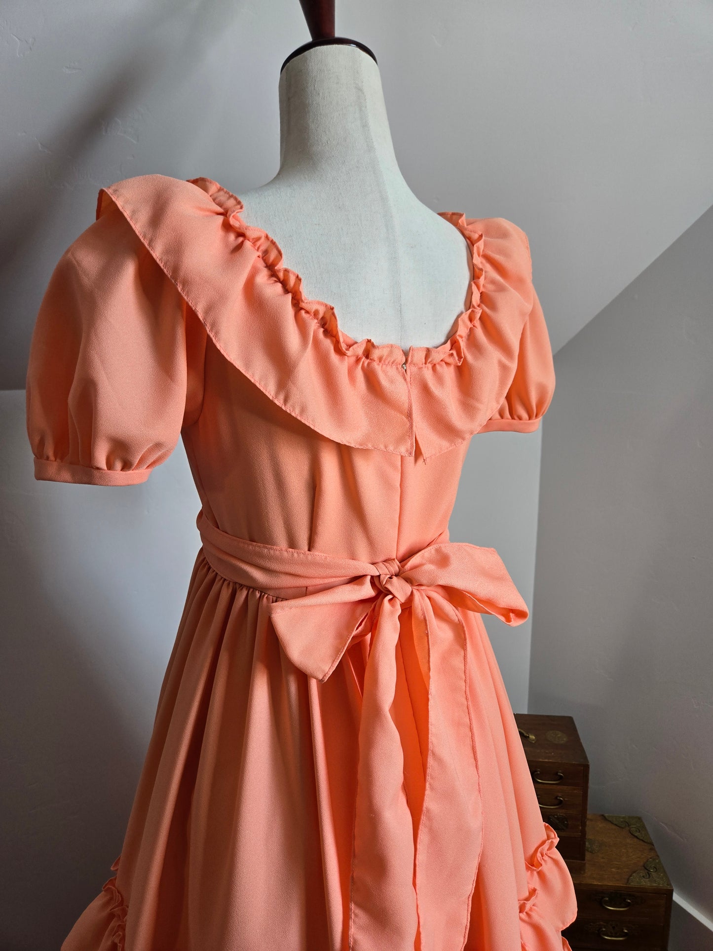 Vintage Peach Prairie Ruffled Dress - S/M