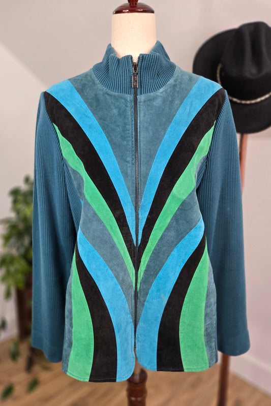 Bob Mackie Vintage Retro Patchwork Blue Leather Jacket - large