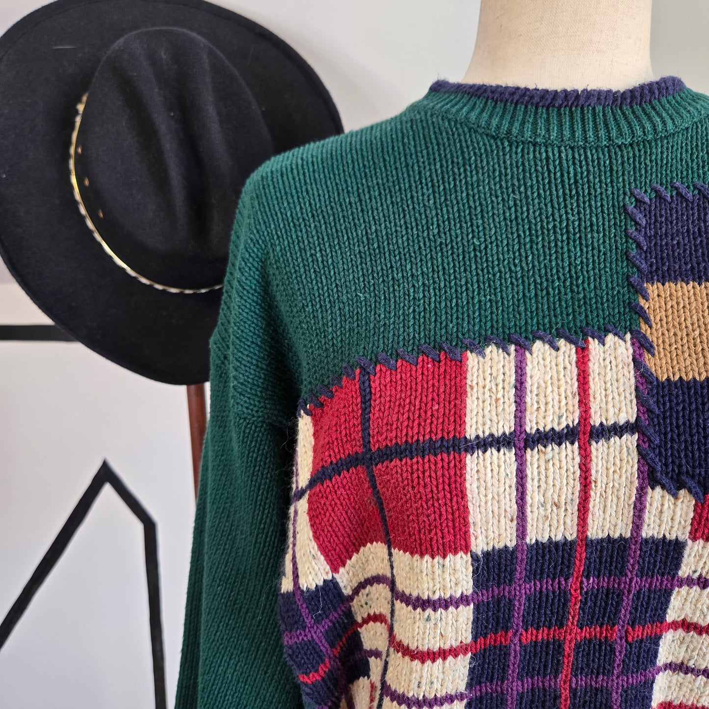 English Sports Shop Bermuda Vintage Plaid Patchwork Sweater - large