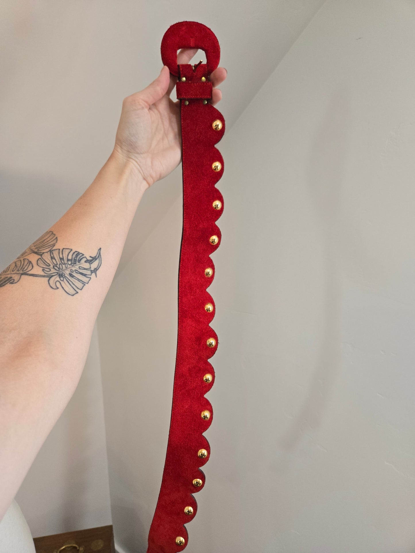 Vintage Genuine Red Suede Leather Belt with Gold Studs - W30-32"