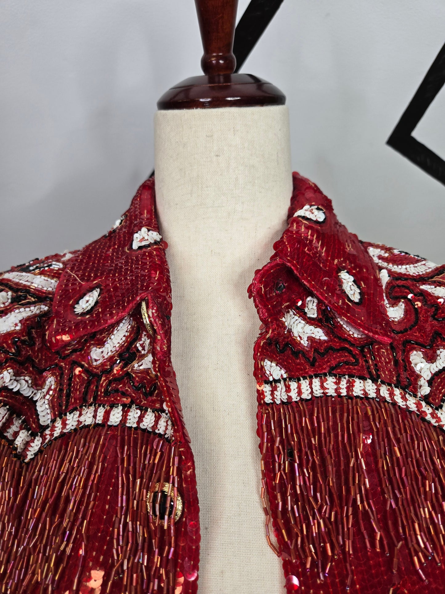 Lillie Rubin Vintage Sequin Western Crop Silk Jacket with Beaded Fringe - small