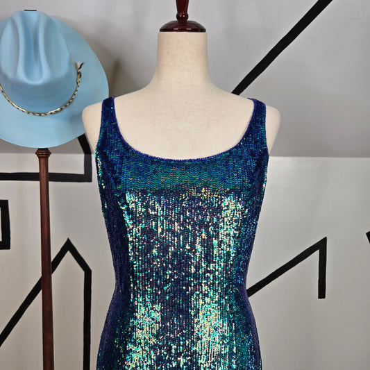 Della Roufogali Niteline Vintage Blue Iridescent Sequin Tank Dress - Small