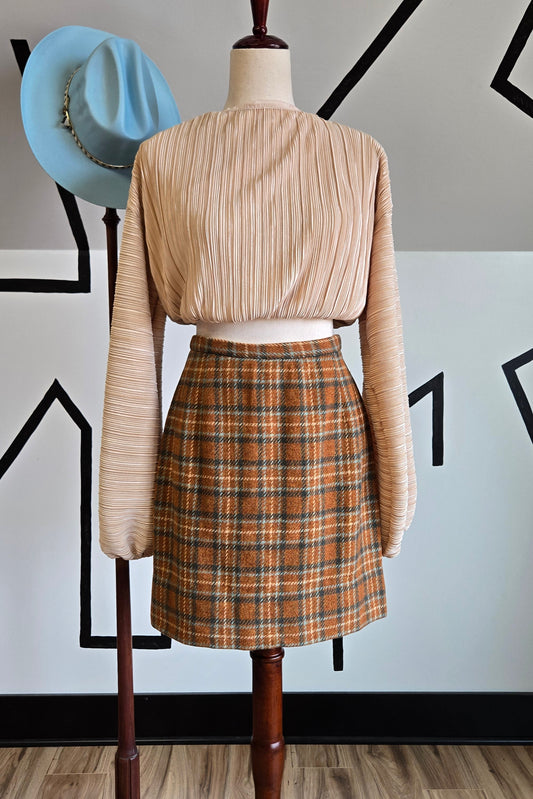 Vintage 1950s Handmade Burnt Orange and Teal Wool Mini Skirt - 27" waist