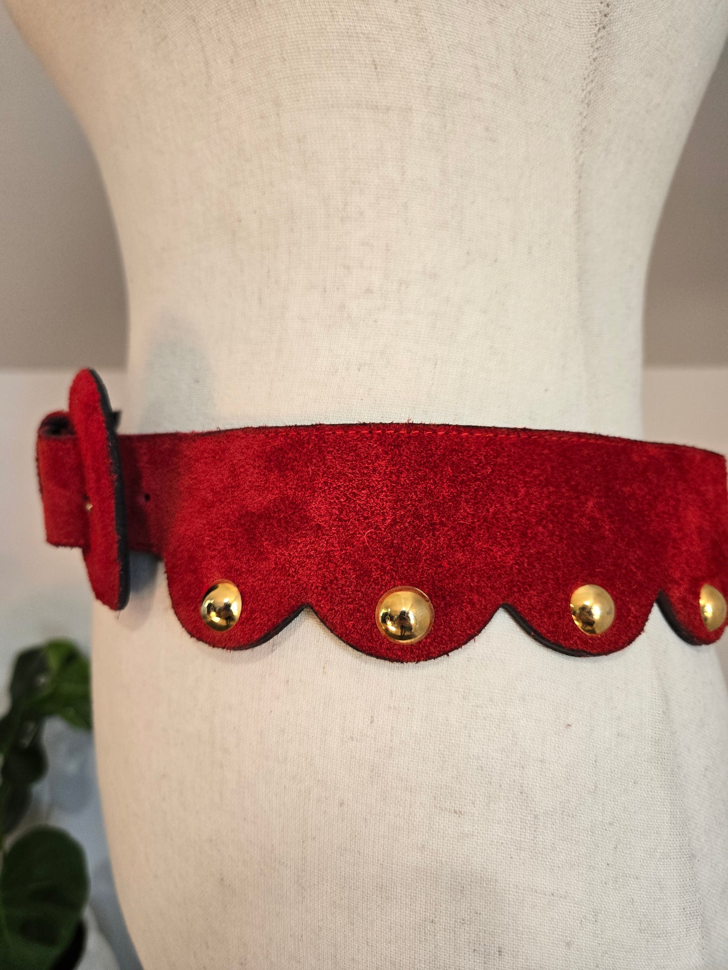 Vintage Genuine Red Suede Leather Belt with Gold Studs - W30-32"