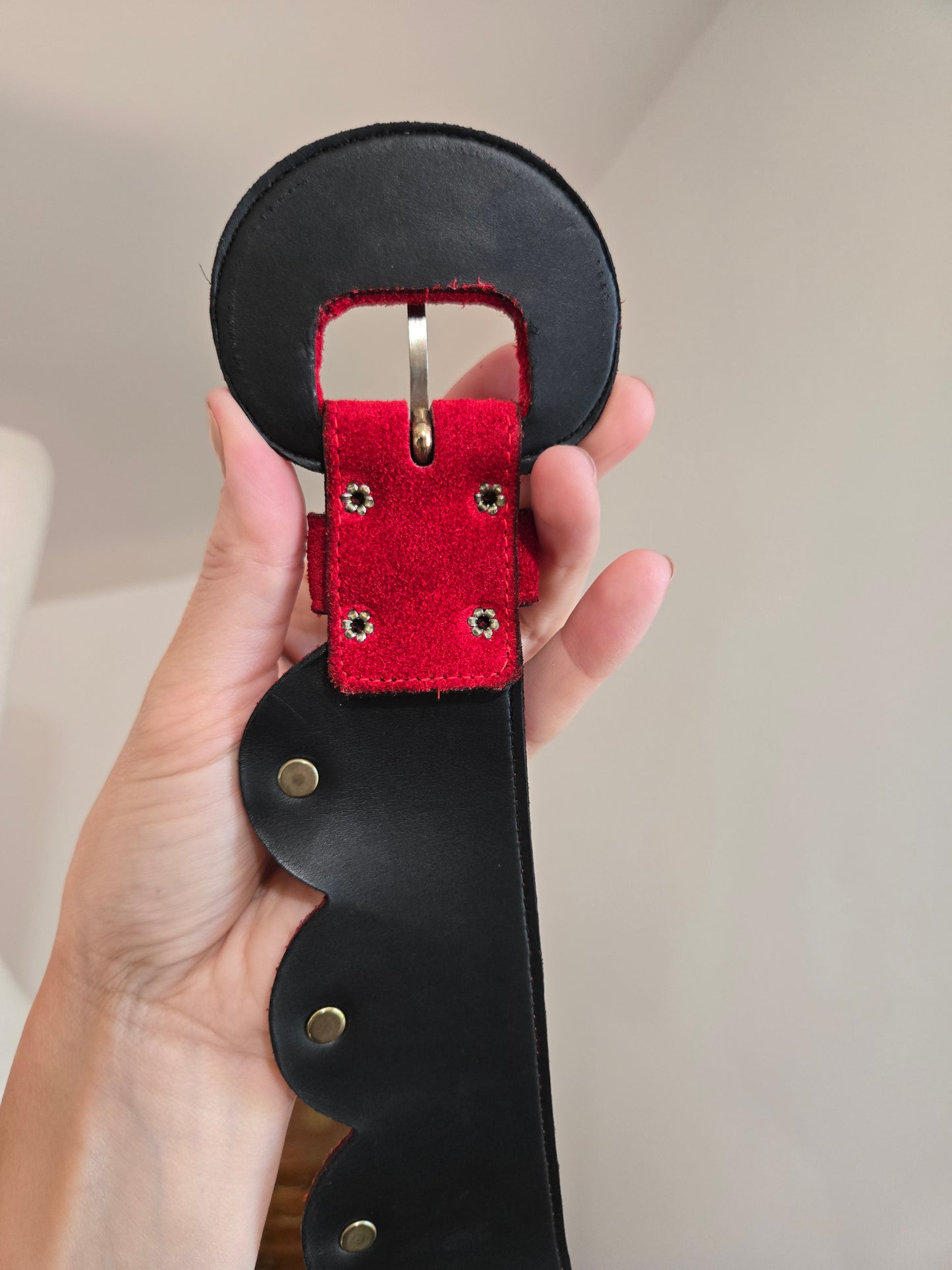 Vintage Genuine Red Suede Leather Belt with Gold Studs - W30-32"