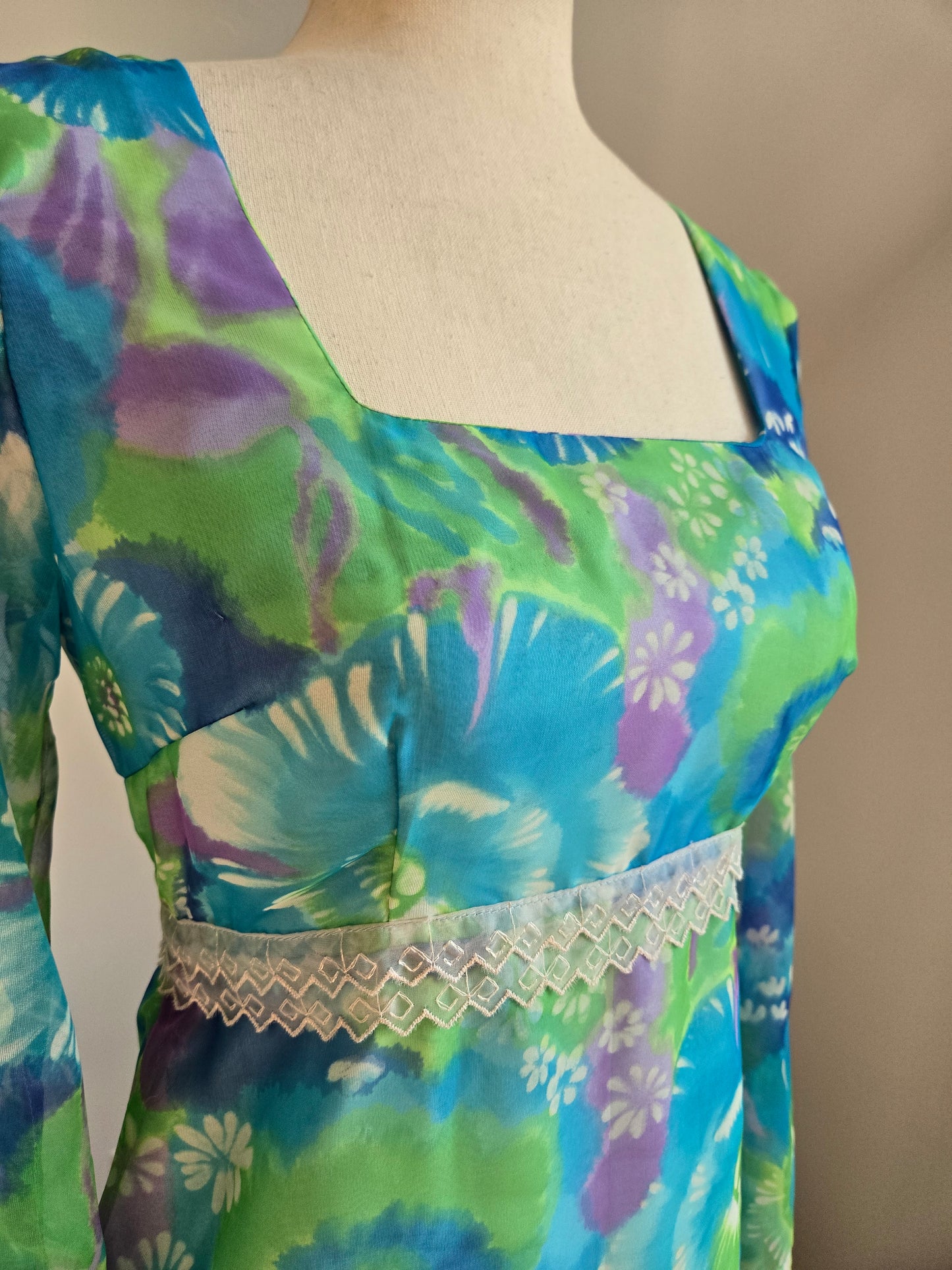 Vintage 70s Blue and Purple Psychedelic Floral Print Maxi Dress -