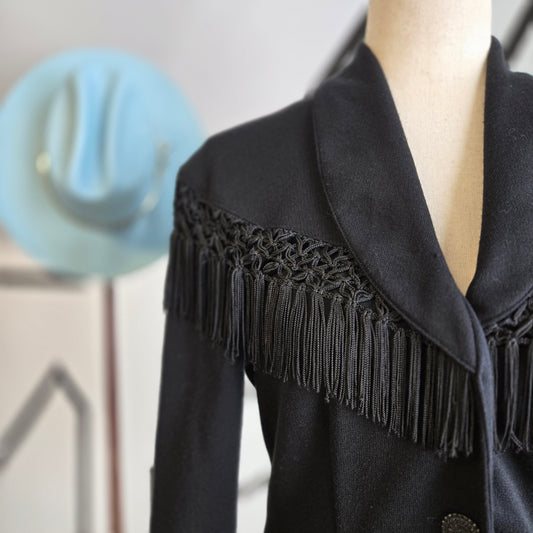 D'Knits Vintage Black Knit Blazer with Fringe Shoulders - small