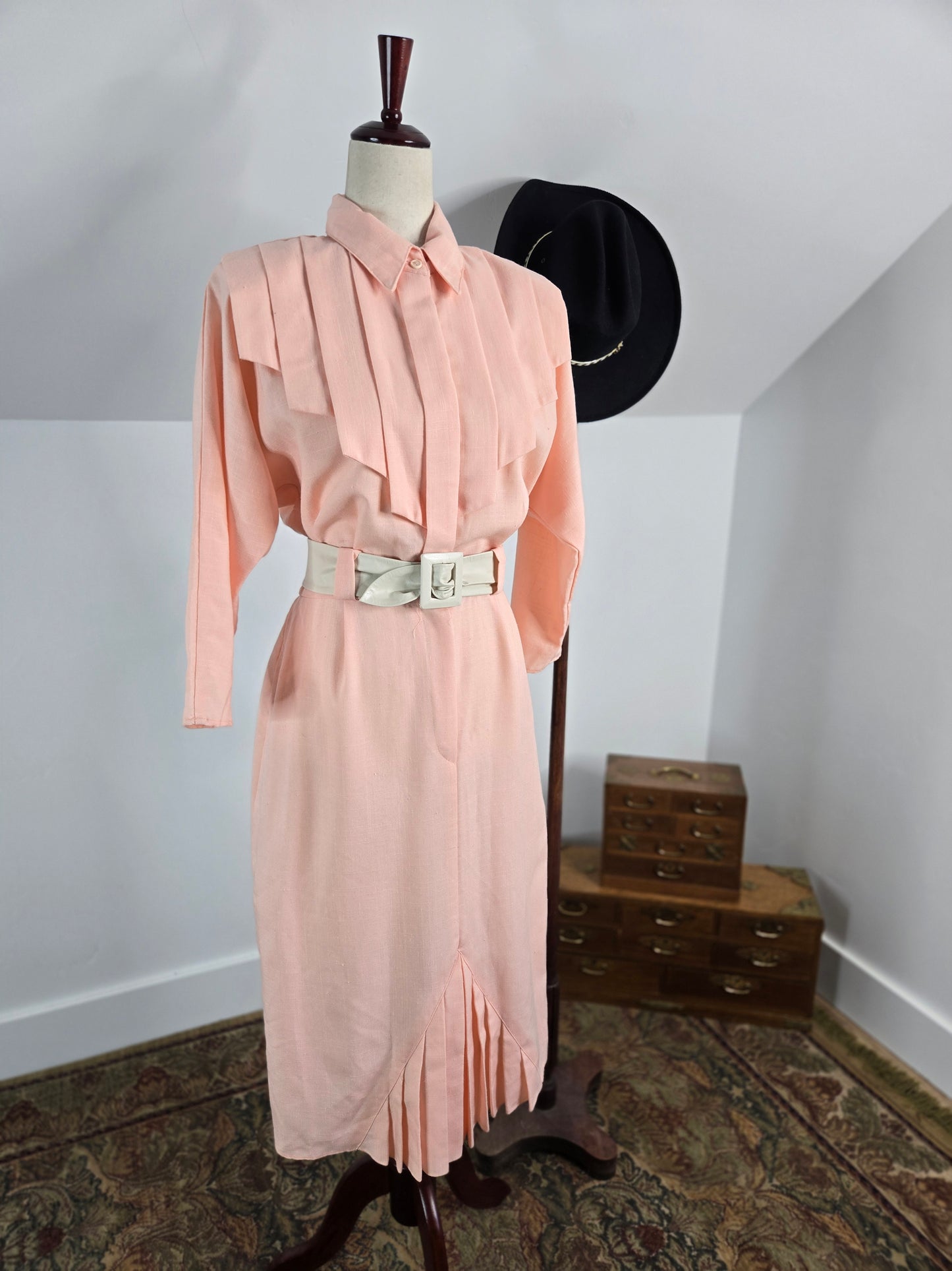 Bedford Fair Vintage 80s Pale Pink Pleated Dress - Medium