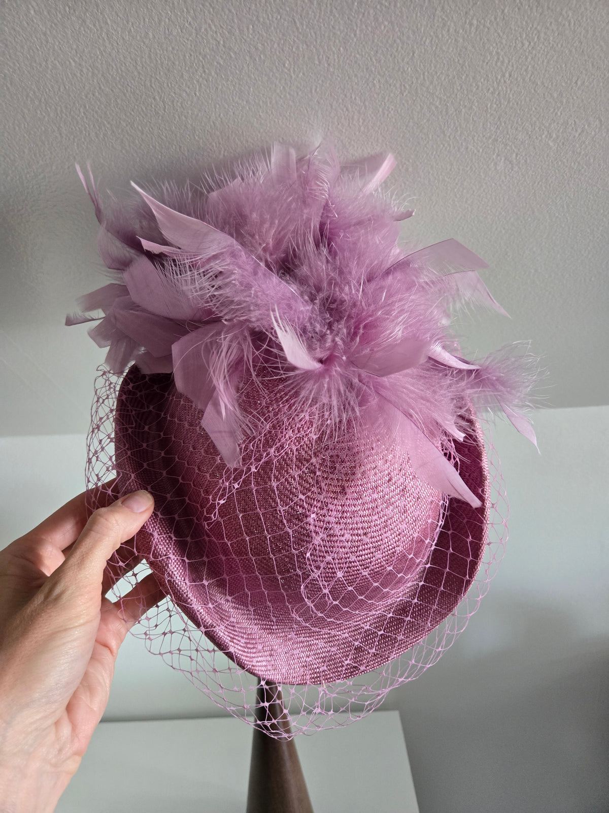 Vintage Lavender Fascinator with Mesh and Feathers