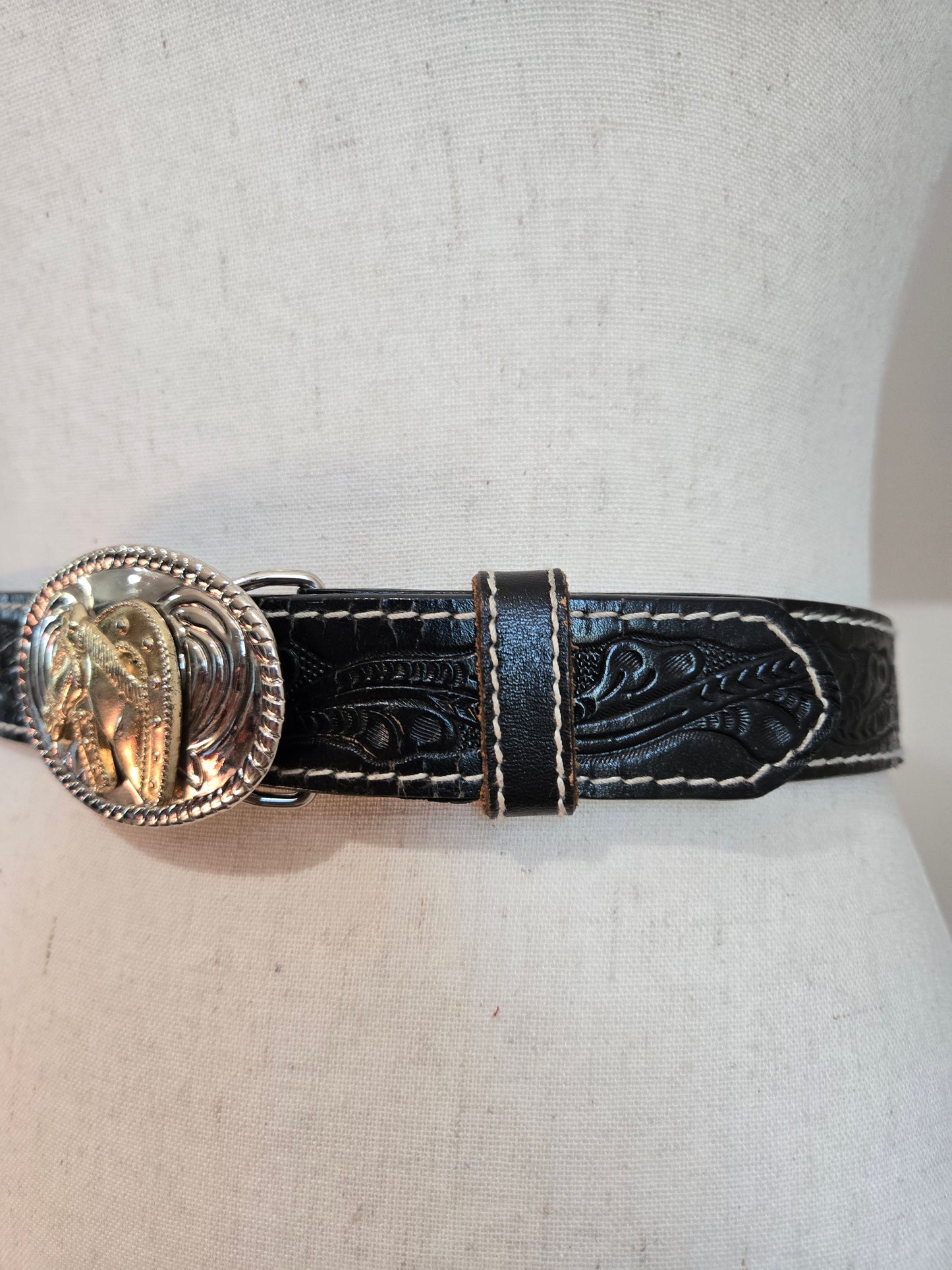 Tooled Leather Western Belt with Two Tone Horse Buckle - W29-33"
