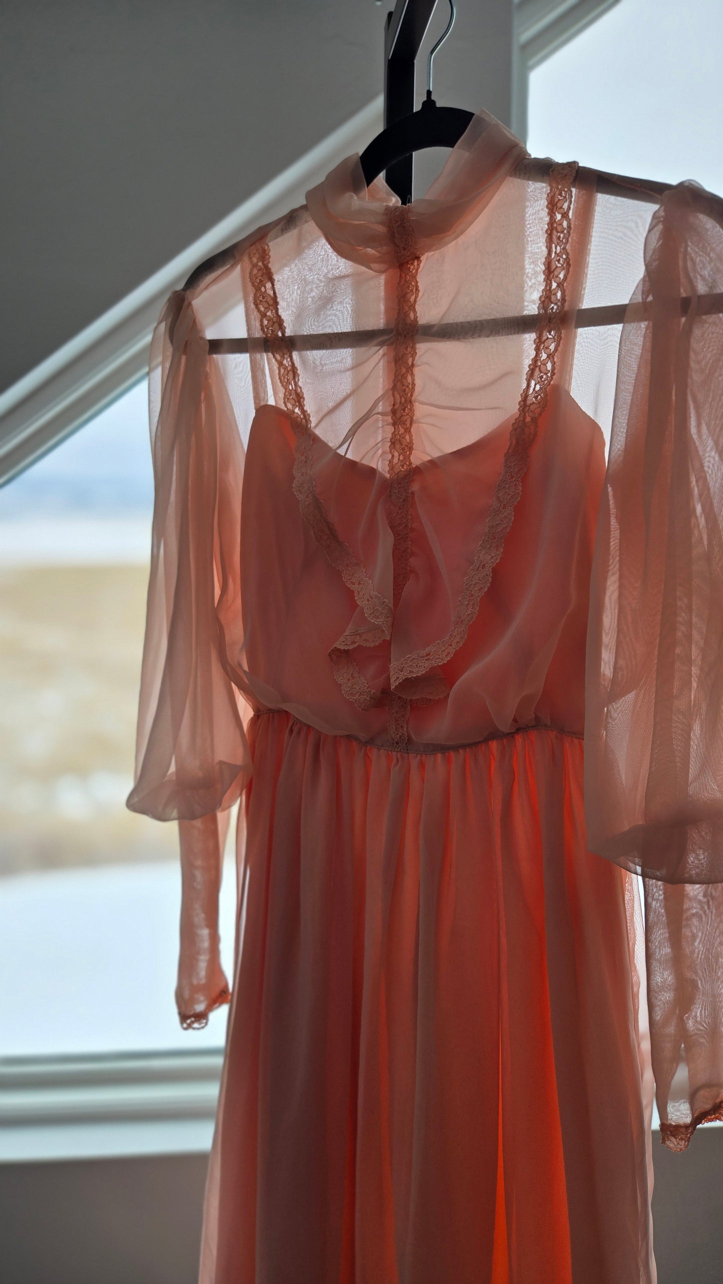 Peachy Pink 1970s Vintage Edwardian Style Dress - small