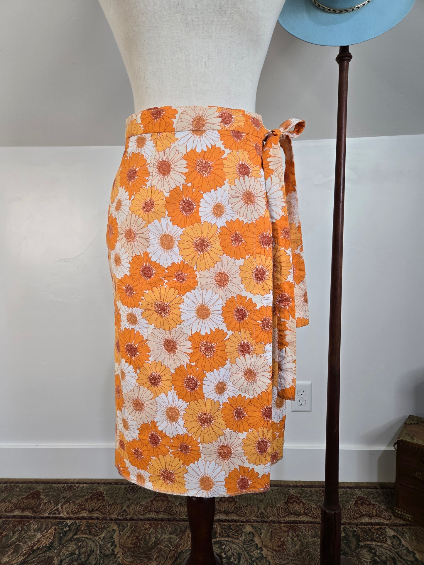Vintage Orange Cotton Flower Power Wrap Skirt - S/M