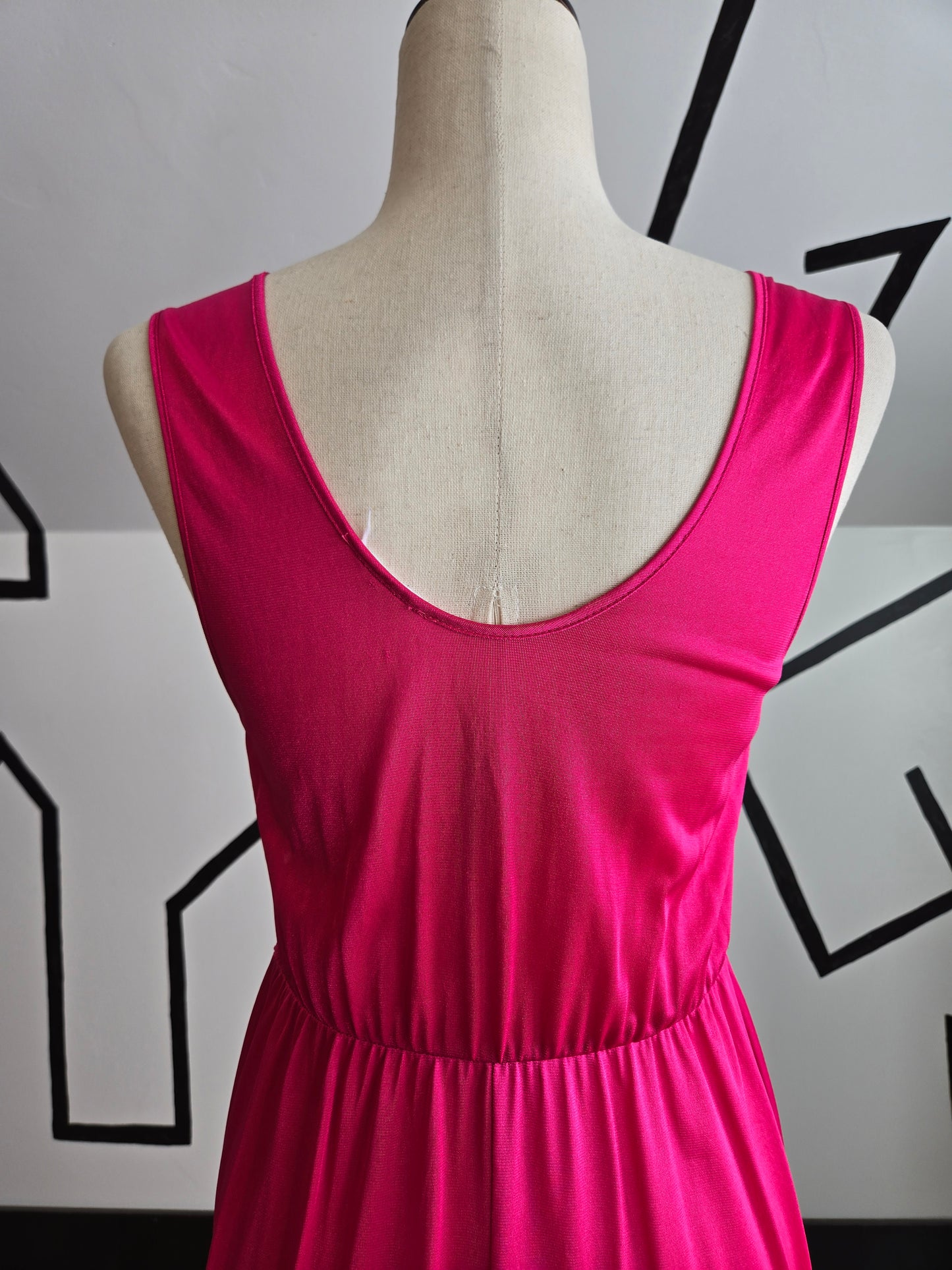 Vintage Fuchsia Pink Peignoir Maxi Dress with Lace Middle - small