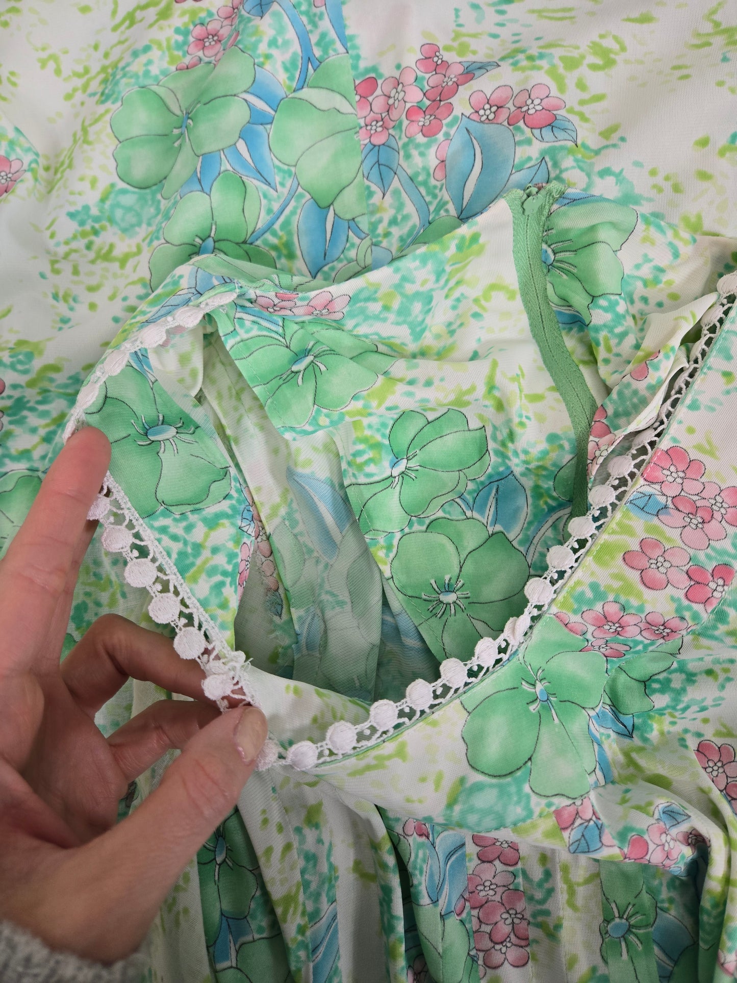 Vintage Mint Green Floral Gypsy Sleeve Dress - Small