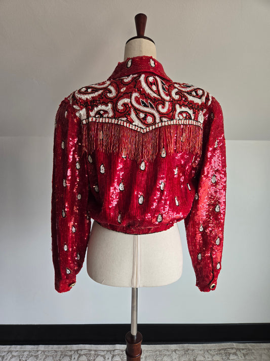 Lillie Rubin Vintage Sequin Western Crop Silk Jacket with Beaded Fringe - small