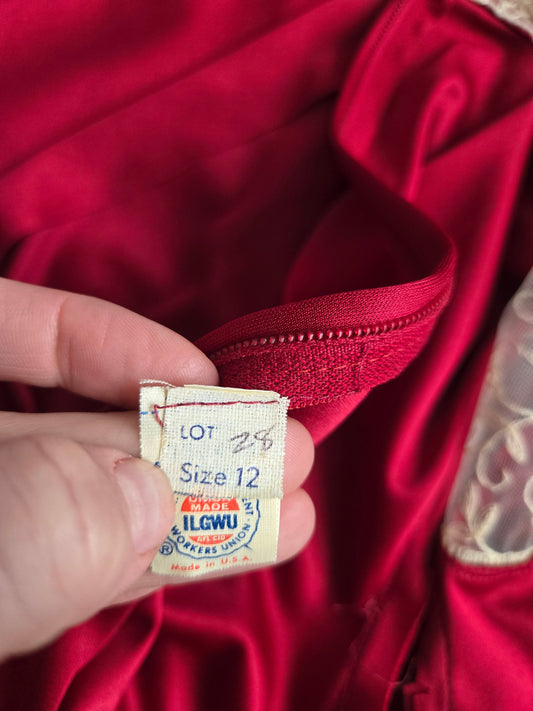 Vintage 1970s Red Slinky Maxi Dress with Shear Lace - Medium