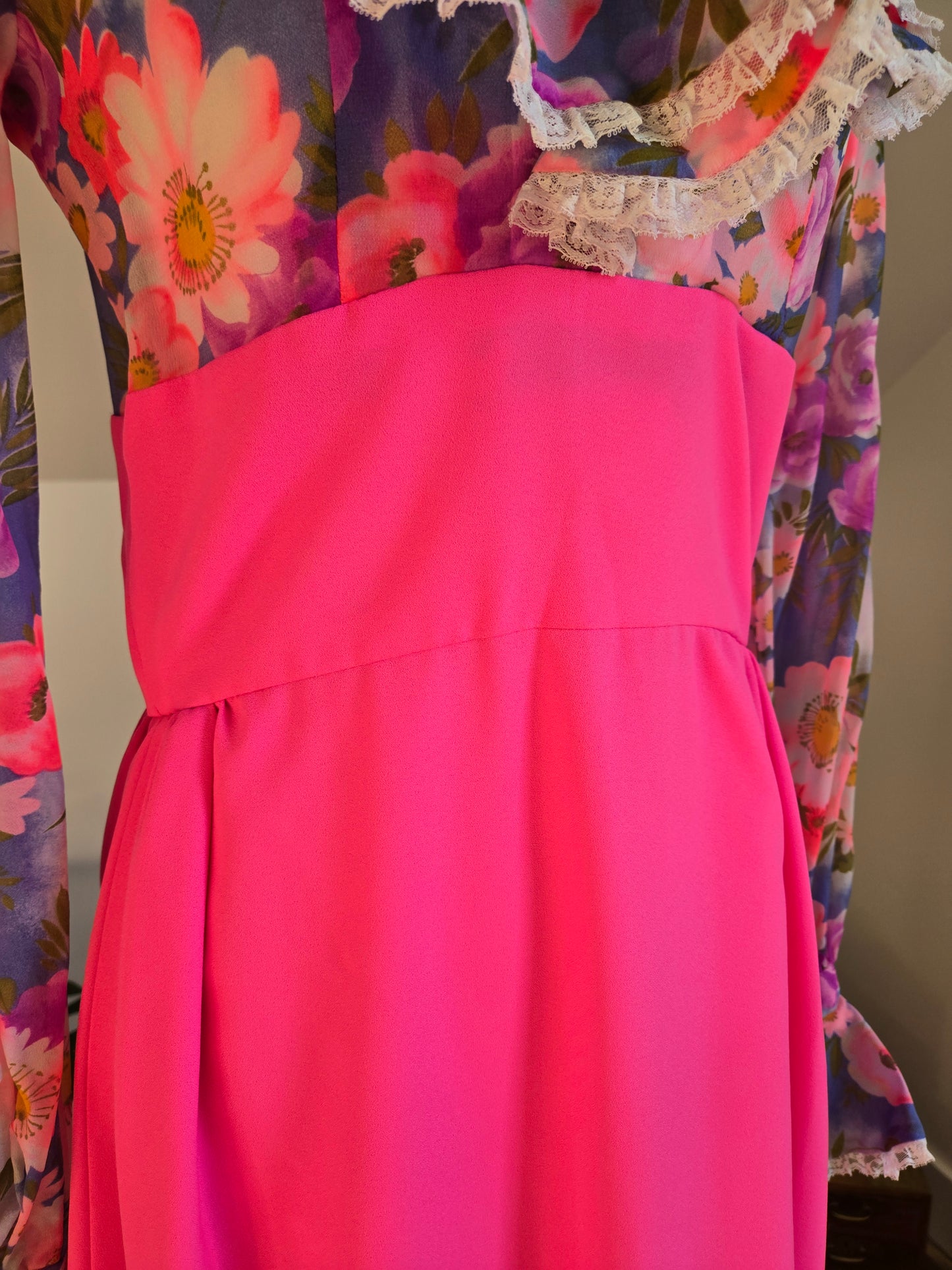 Vintage 1970s Hot Pink Flower Power Maxi Dress - medium
