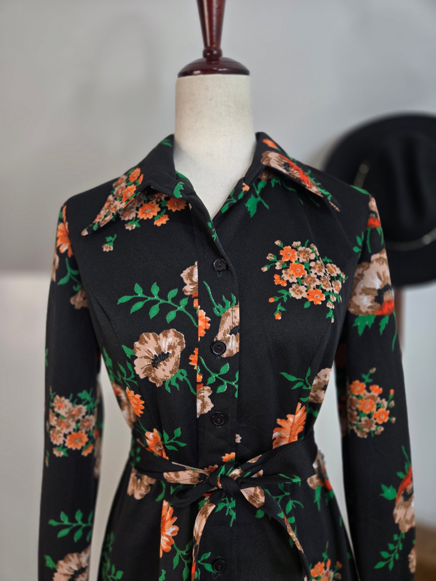 Vintage 70s Black Floral Union Made Mini Dress - medium