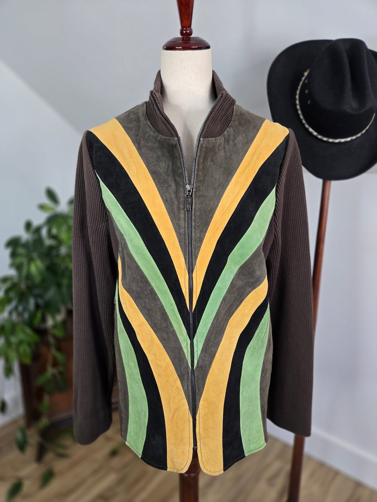 Bob Mackie Vintage Retro Patchwork Brown Leather Jacket - large