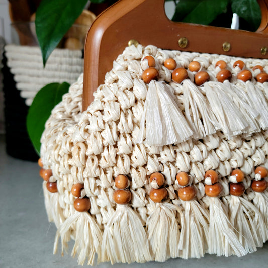 Vintage Mantessa Straw and Wood Bead Bag Hand Made in Japan