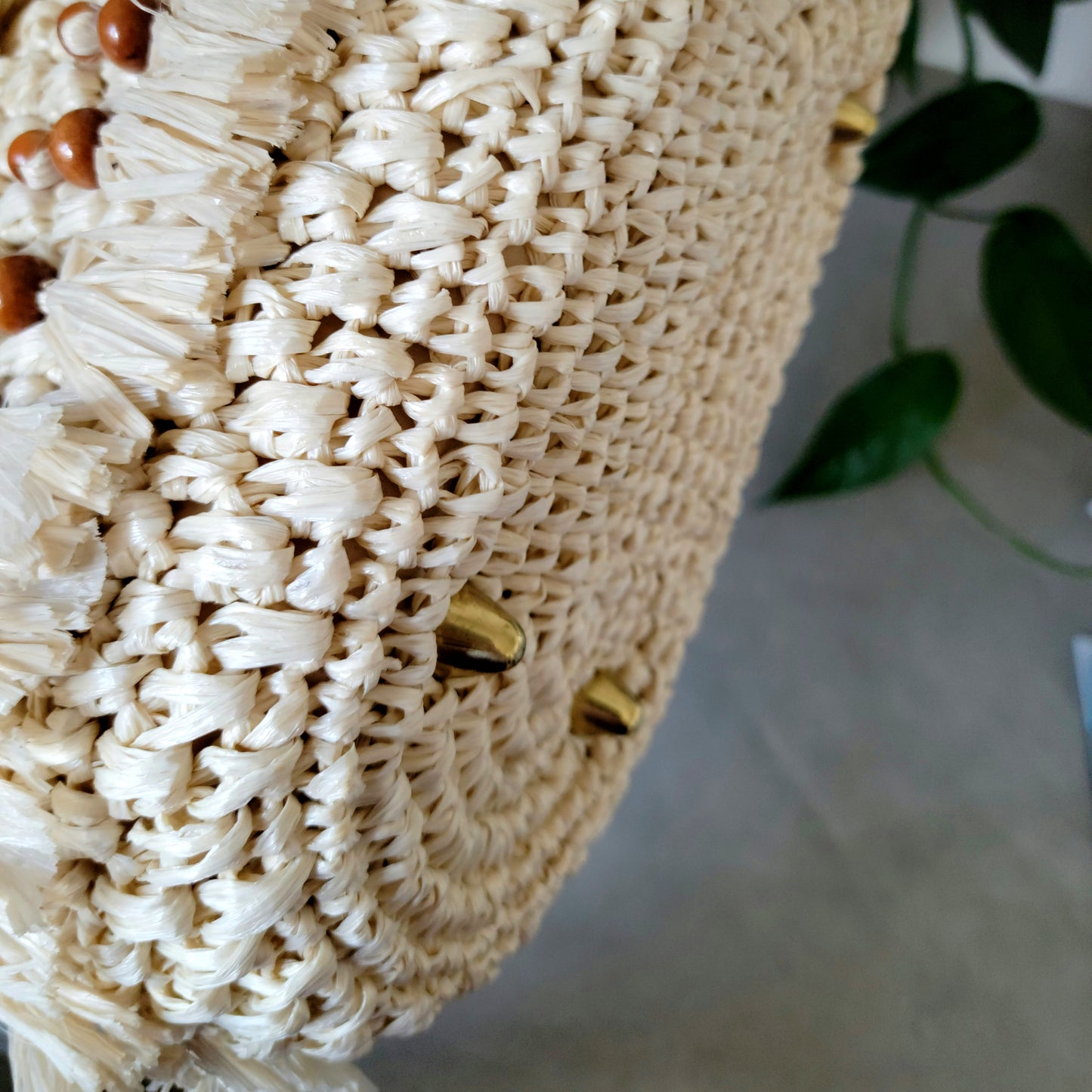 Vintage Mantessa Straw and Wood Bead Bag Hand Made in Japan