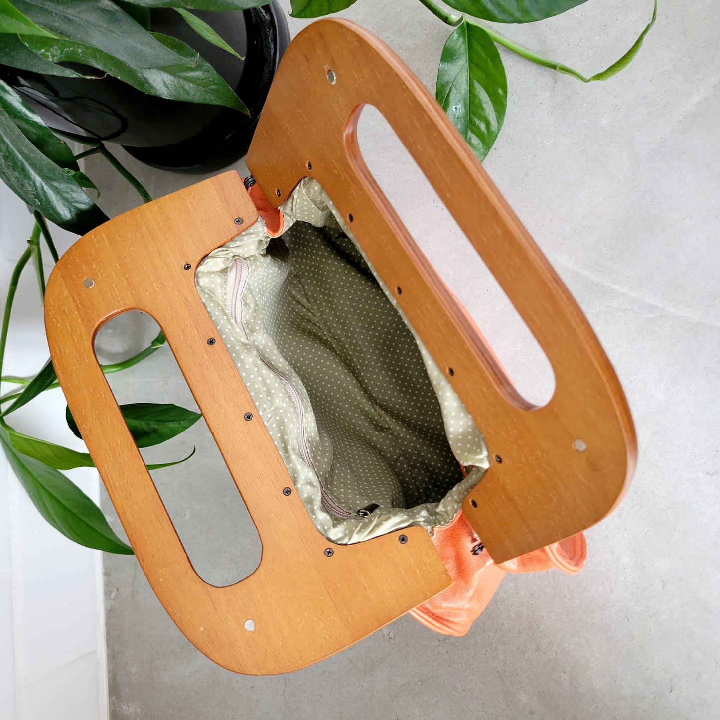 Vintage Orange Genuine Leather Bag with Wood Handle