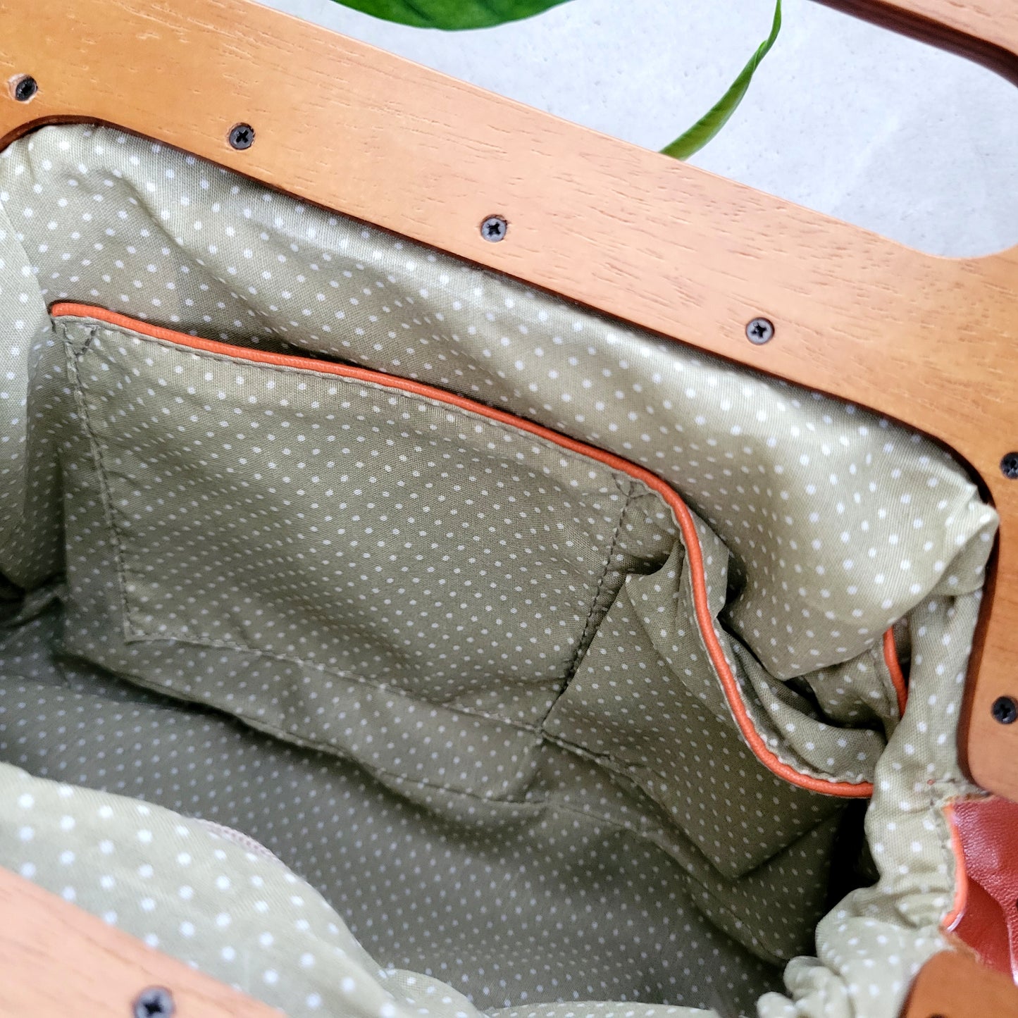 Vintage Orange Genuine Leather Bag with Wood Handle