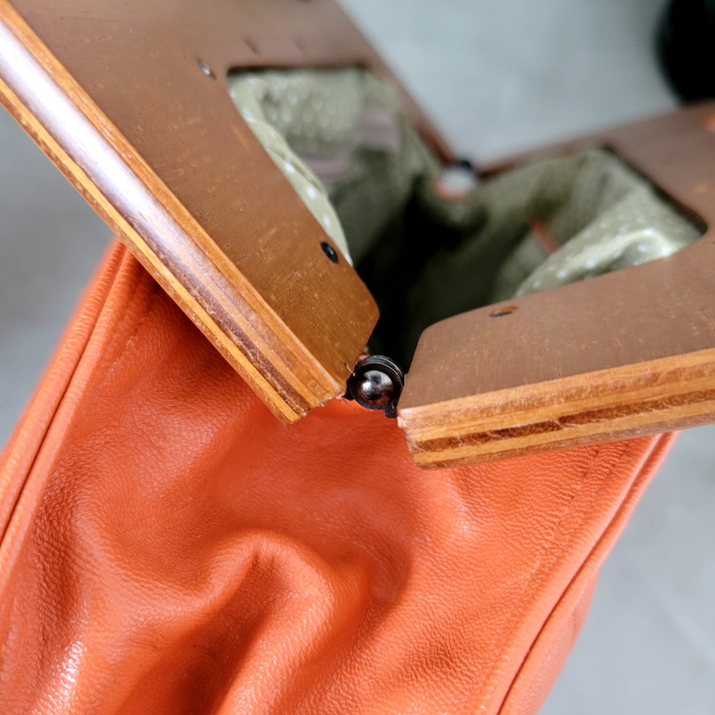 Vintage Orange Genuine Leather Bag with Wood Handle