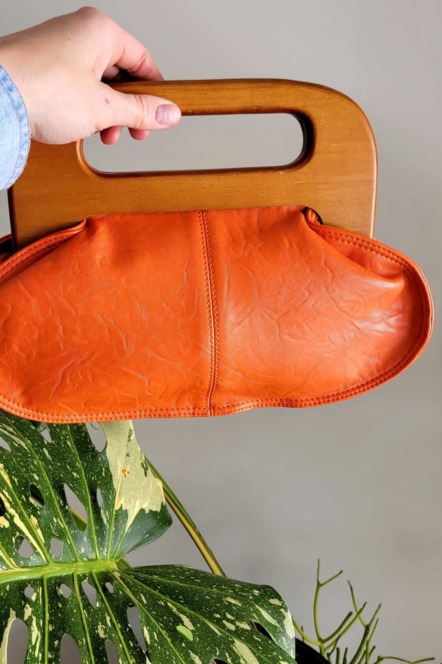 Vintage Orange Genuine Leather Bag with Wood Handle