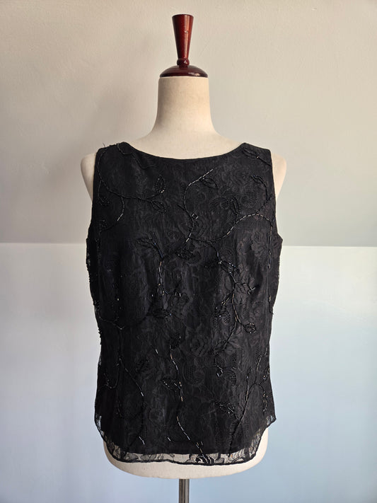 Ann Taylor Y2K Black Lace Glass Beaded Top -